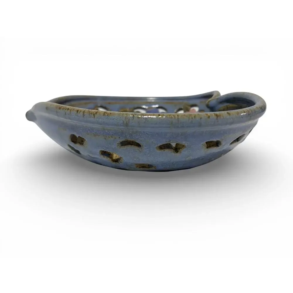 Kathy Veverka Handcrafted Pottery Heart Bowl Blue wPink Accents 8.25x7.5 Concave